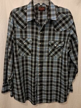 Plains Westernwear Men's Blue & Black Plaid Button(Snap)-Down Shirt